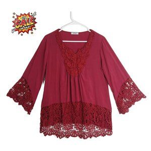 Meaneor Women's Boho Lace Blouse M Red Bell Sleeve Crochet Elegant Top ✨